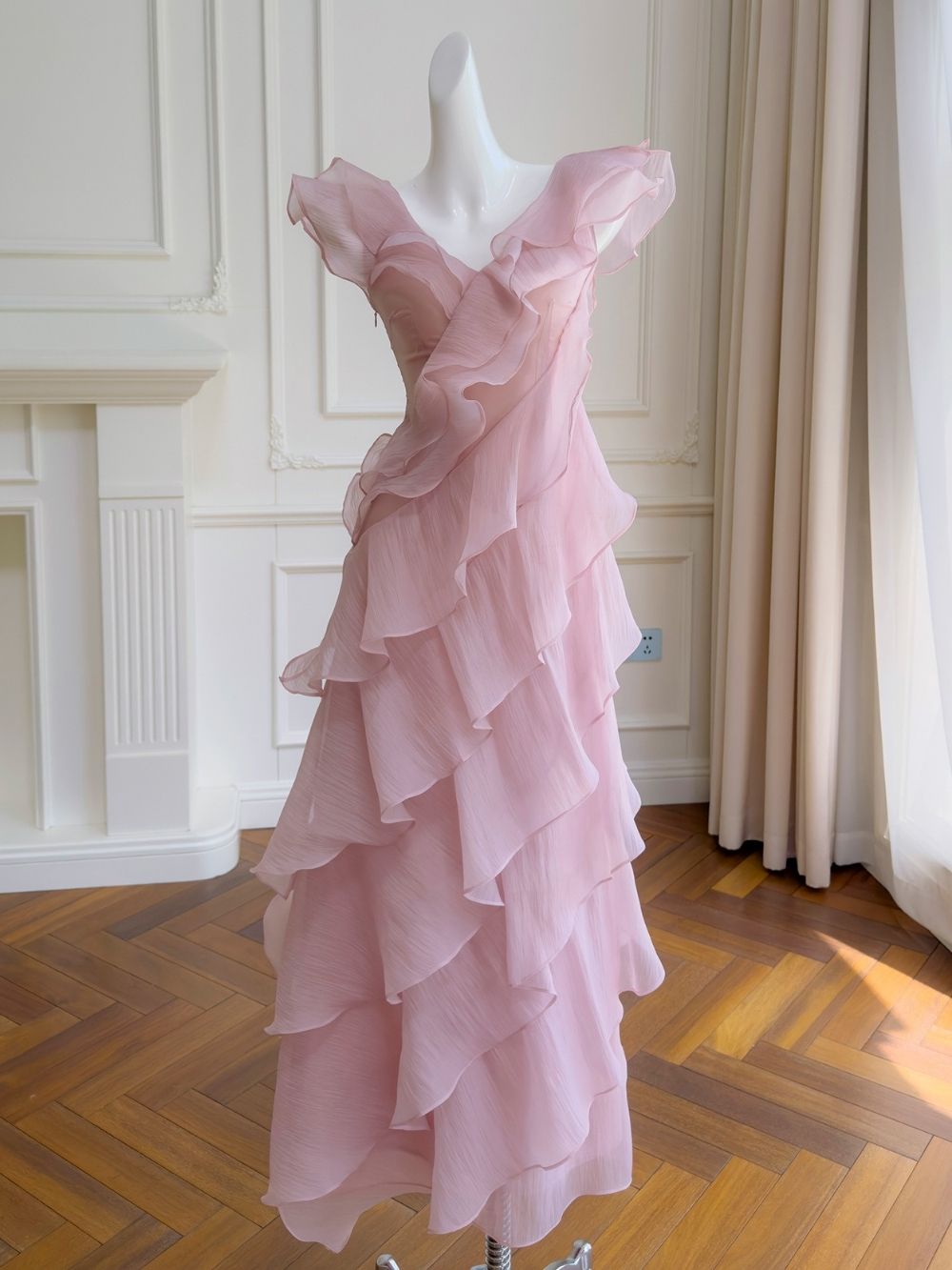 Off Shoulder Ruffled Layer Chiffon Maxi Evening Dress