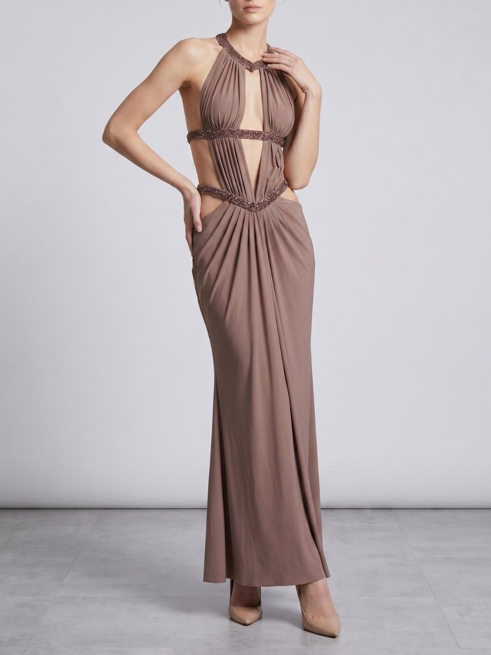 63de43936021c33c34fa6ade7dbfdfbd Makani Halter Cutout Embellished Maxi Dress