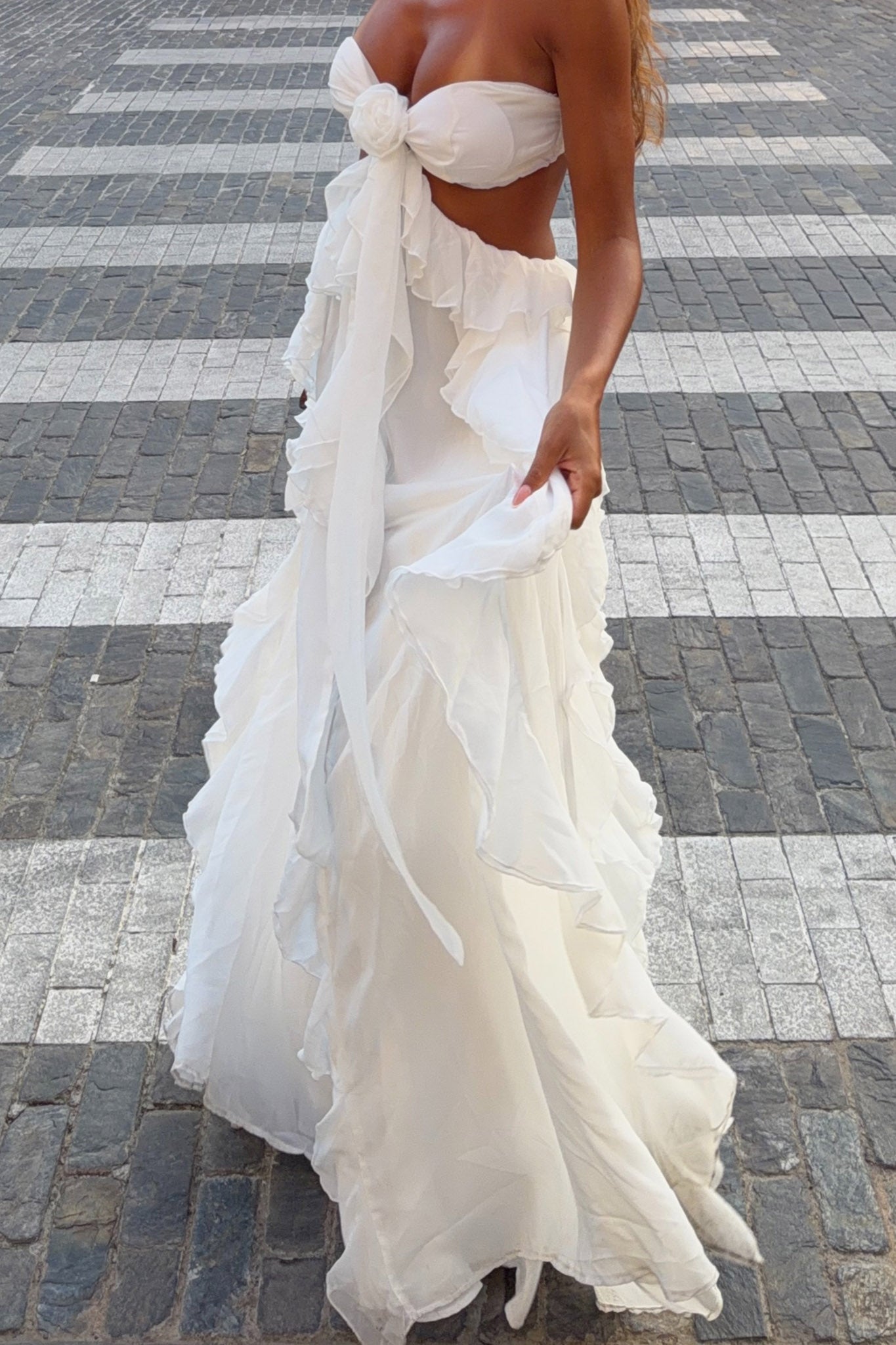 Santiago Cut-Out Ruffle Maxi Dress White - OWNCI Santiago Cut-Out Ruffle Maxi Dress White - OWNCI