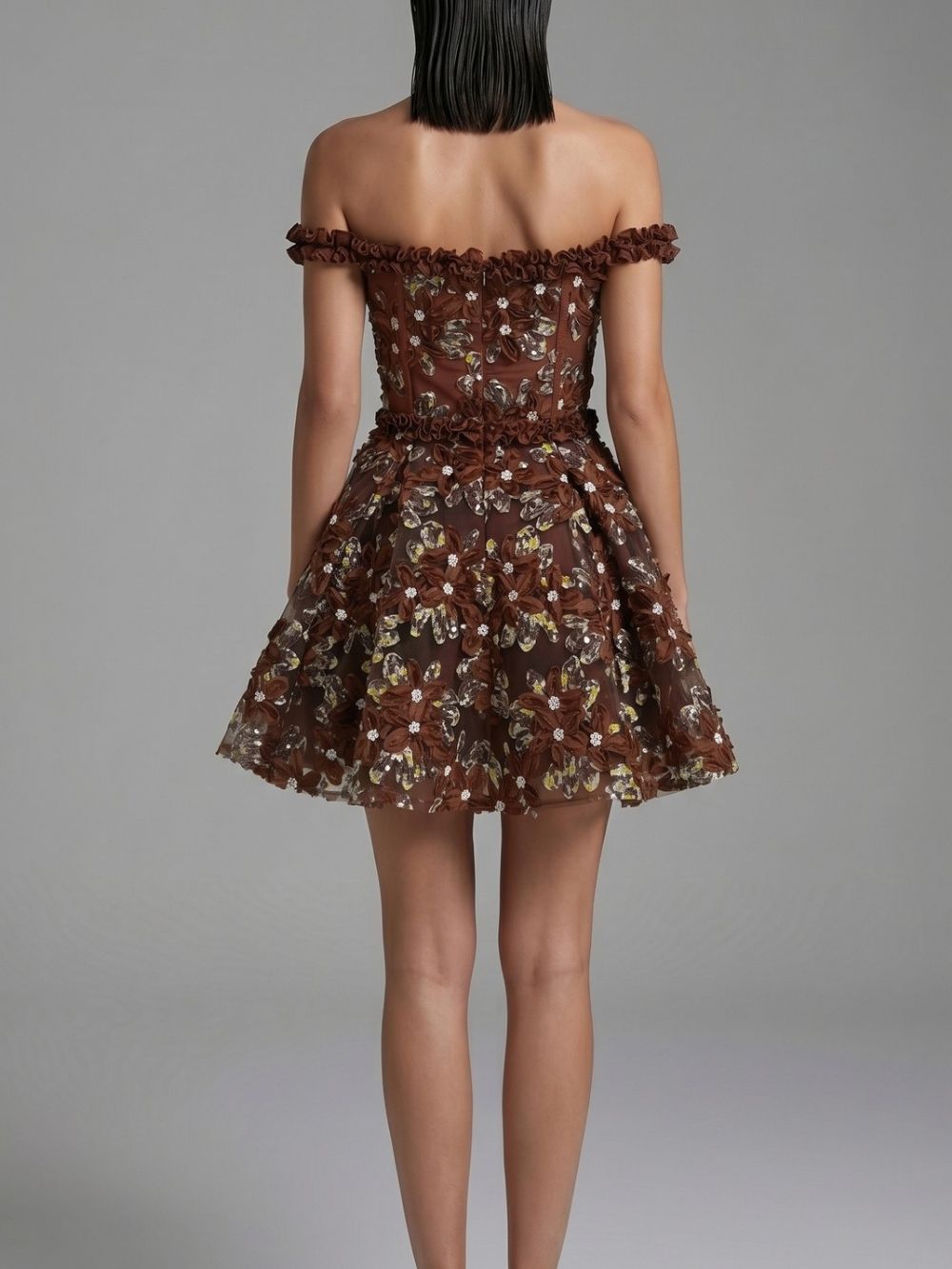 63fc90ec67815f3308ebba494d887bd8 Jyvric Coffee Off Shoulder Flower Mini Dress
