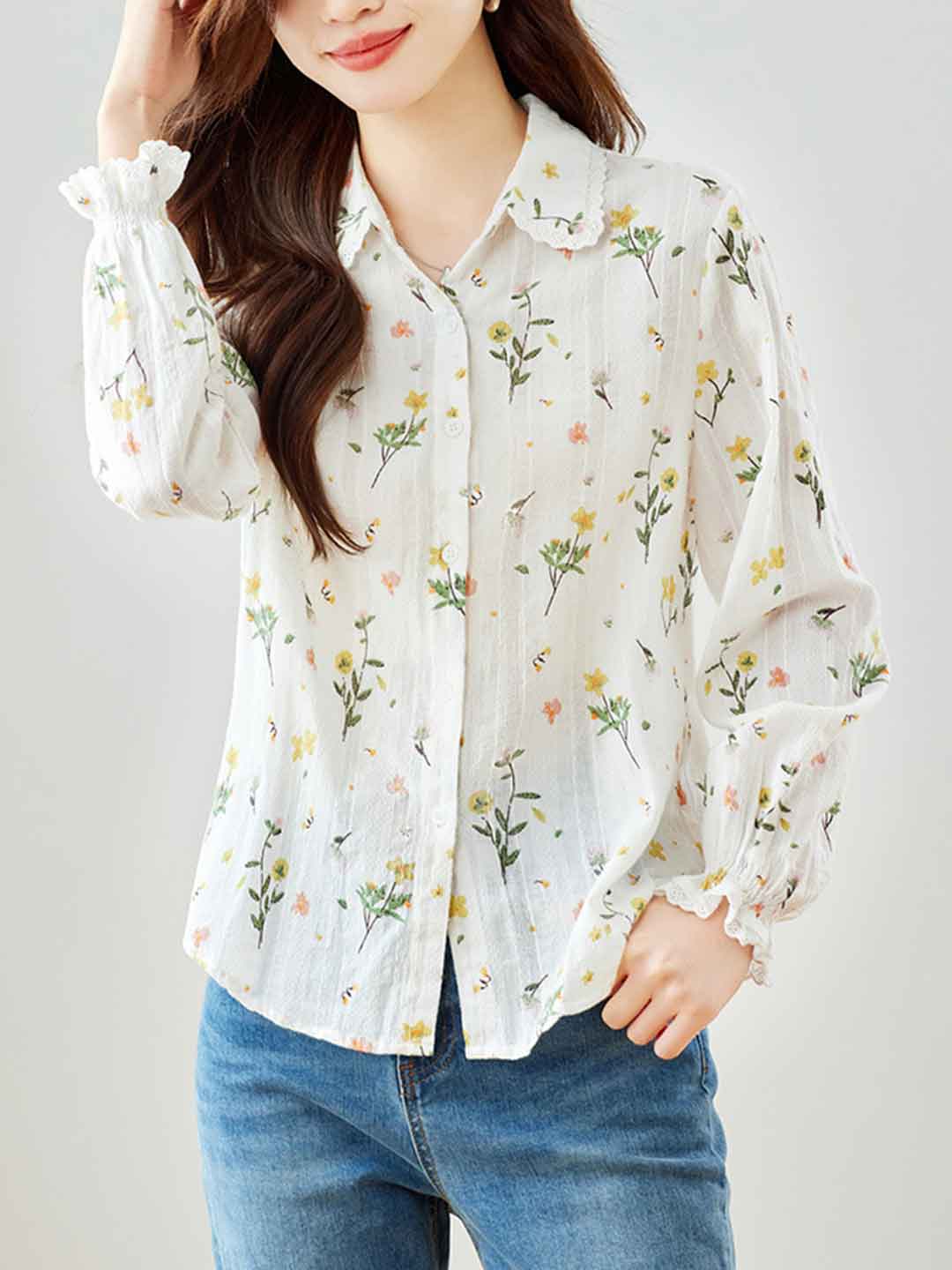 6407fac3285eb9e99187d7a3946b6524 Nancy Classic Lapel Embroidered Floral Shirt