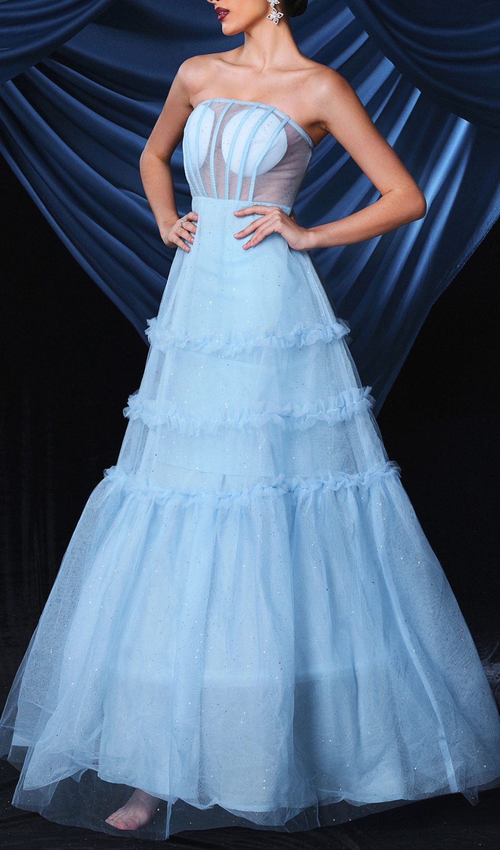 Borime Blue Corset Mesh Maxi Dress