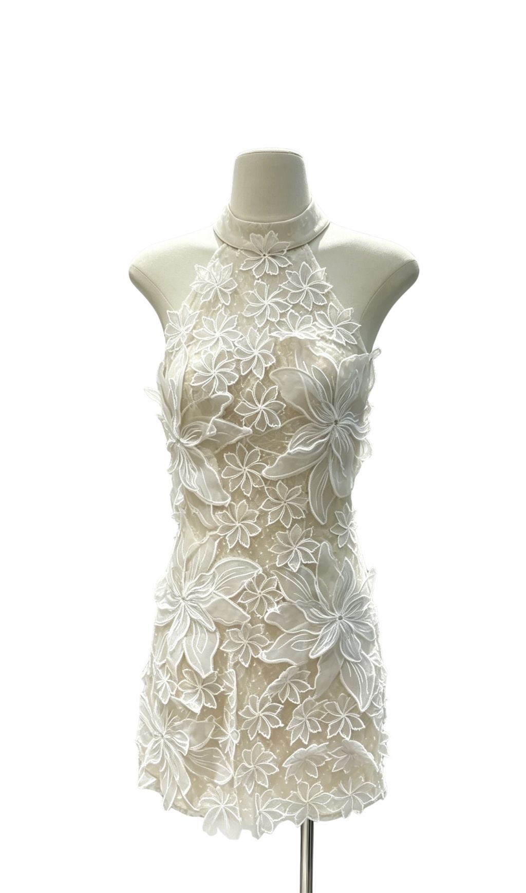 Shirley Champagne Halterneck Mini Dress With 3D Petals - OWNCI