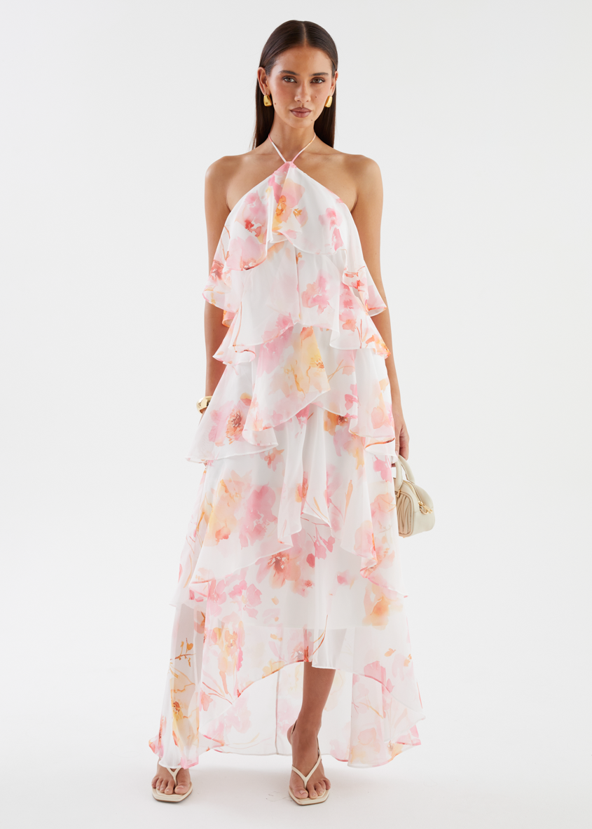 Floral Print Layerhalter Maxi Dress - Pink Floral