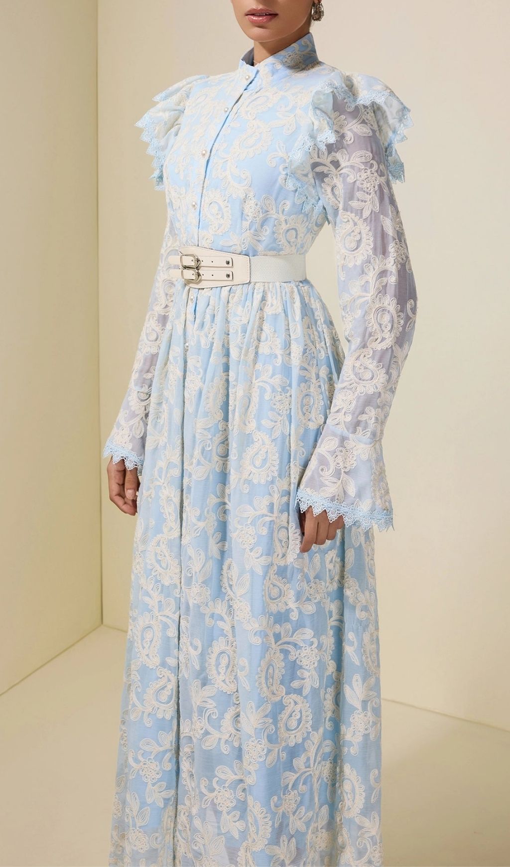 Alma Chiffon Embroidered Single Breasted Midi Dress With Belt – Blue - OWNCI Alma Chiffon Embroidered Single Breasted Midi Dress With Belt – Blue - OWNCI