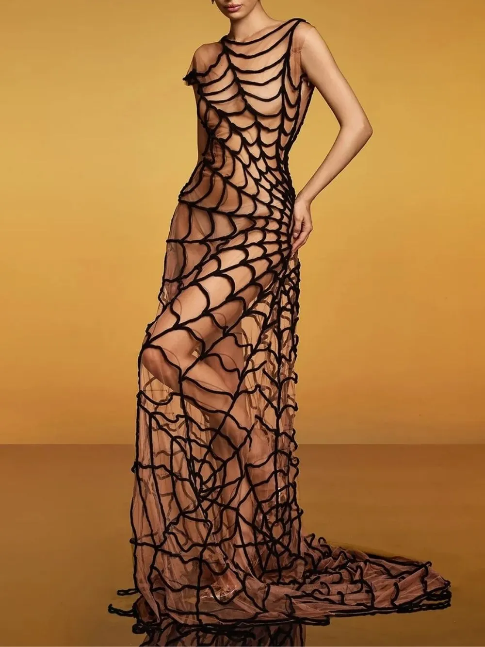 Lotem Sleeveless Cobweb Mesh Maxi Dress In Nude - OWNCI Lotem Sleeveless Cobweb Mesh Maxi Dress In Nude - OWNCI