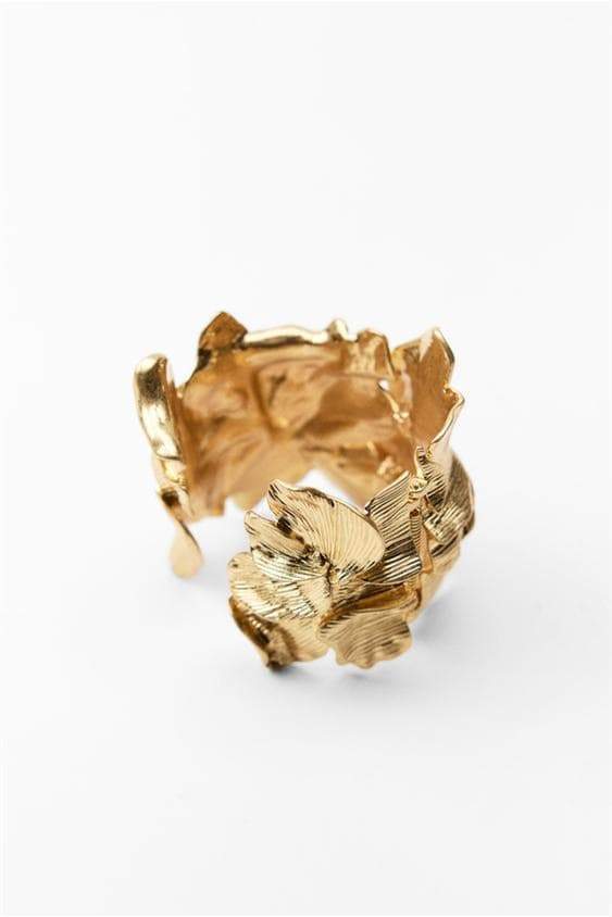 3D Textured Floral Wide Open Cuff Gold Bangle