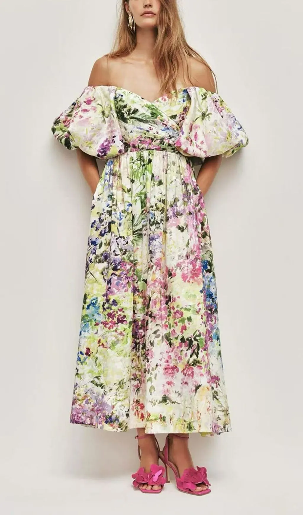 Fashionslee Women Madonna Puff-Sleeve Printed Maxi Dress