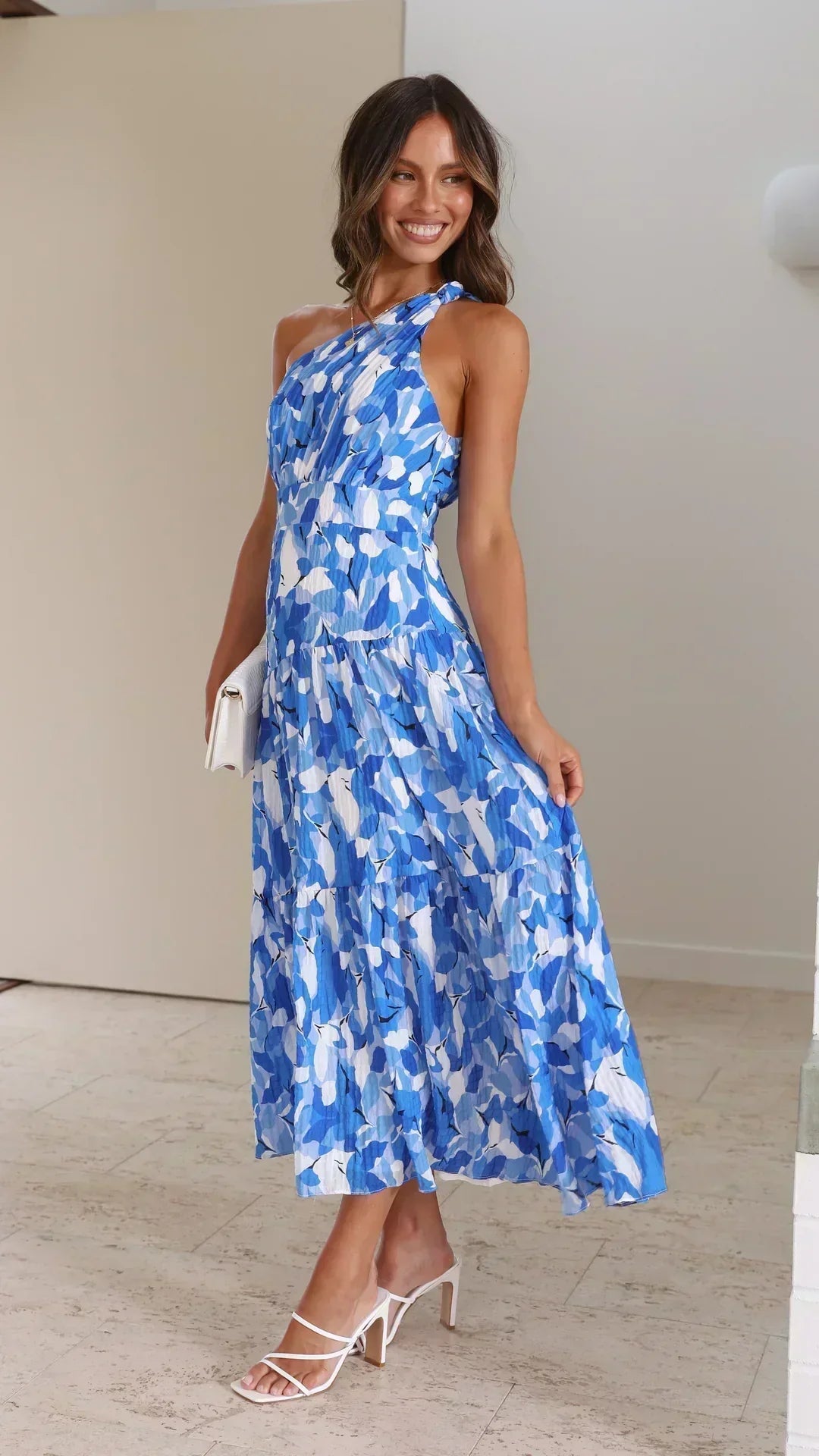 6675148153f11a21b88d66a638e61f36 Vivien One-Shoulder Floral Printed Midi Dress - Blue