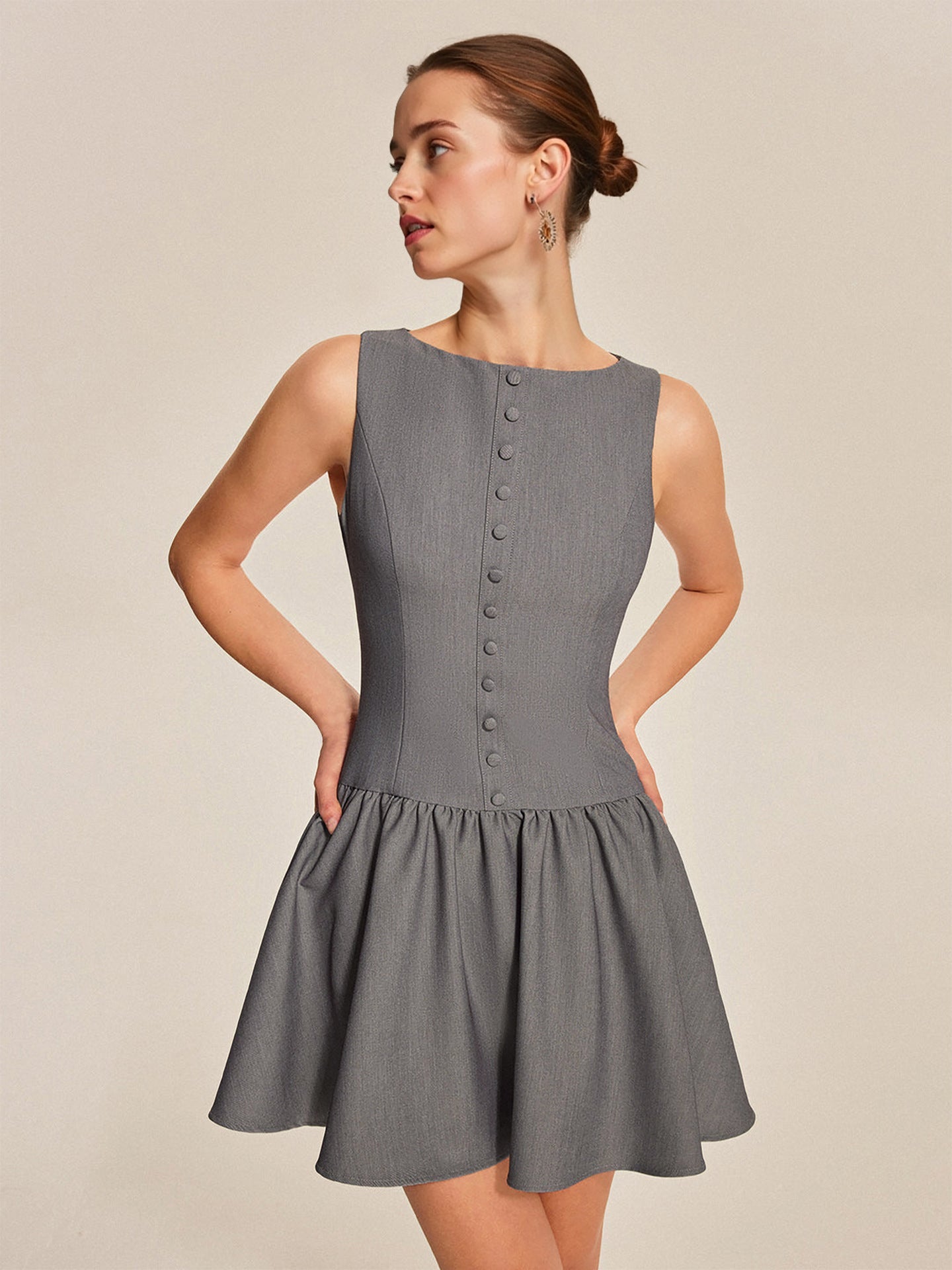 Grey Boat Neck Sleeveless Button Front Gathered Flare Mini Dress