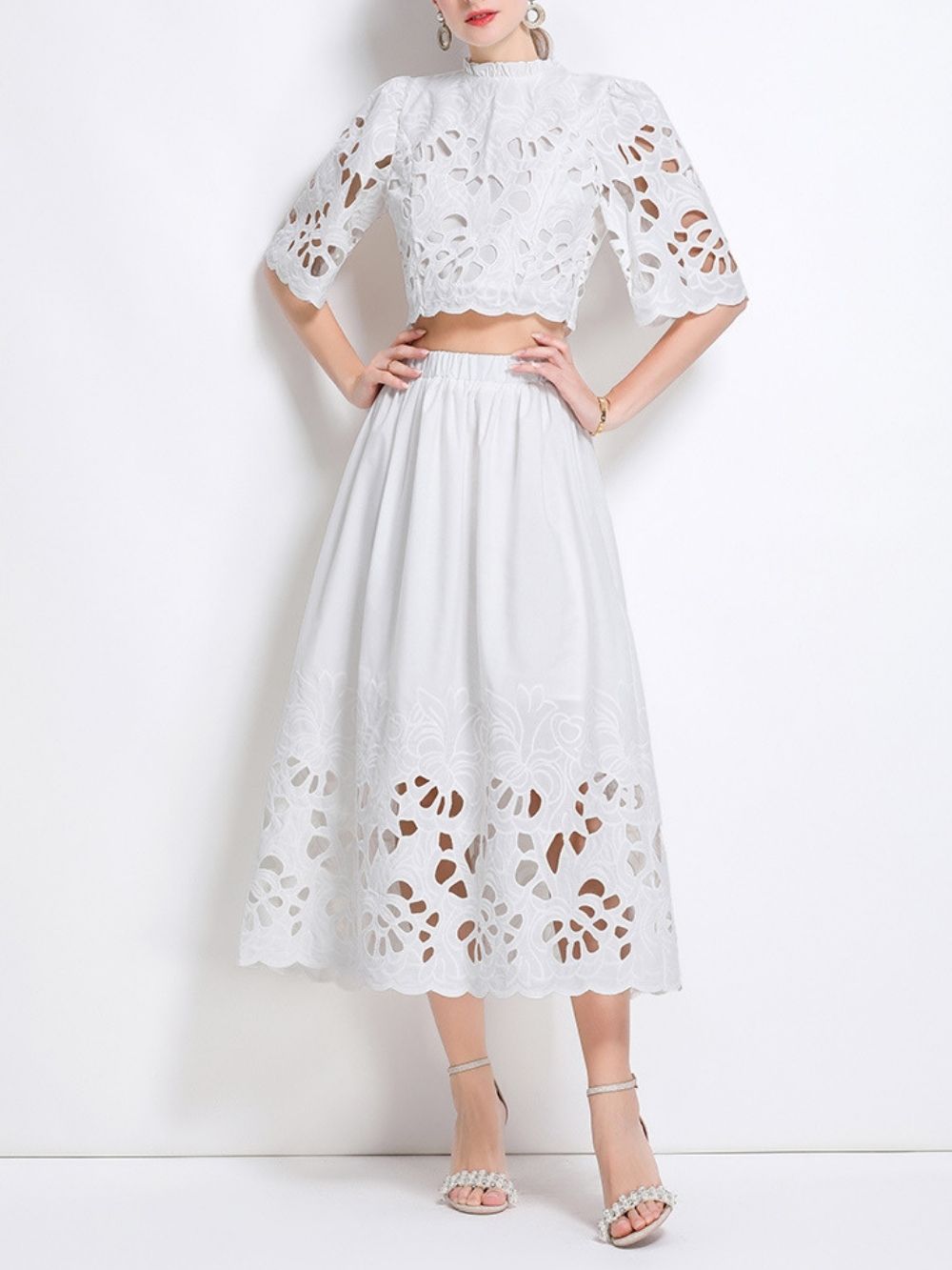 Mahira White Flower Embroidery Two-Piece Set - OWNCI Mahira White Flower Embroidery Two-Piece Set - OWNCI