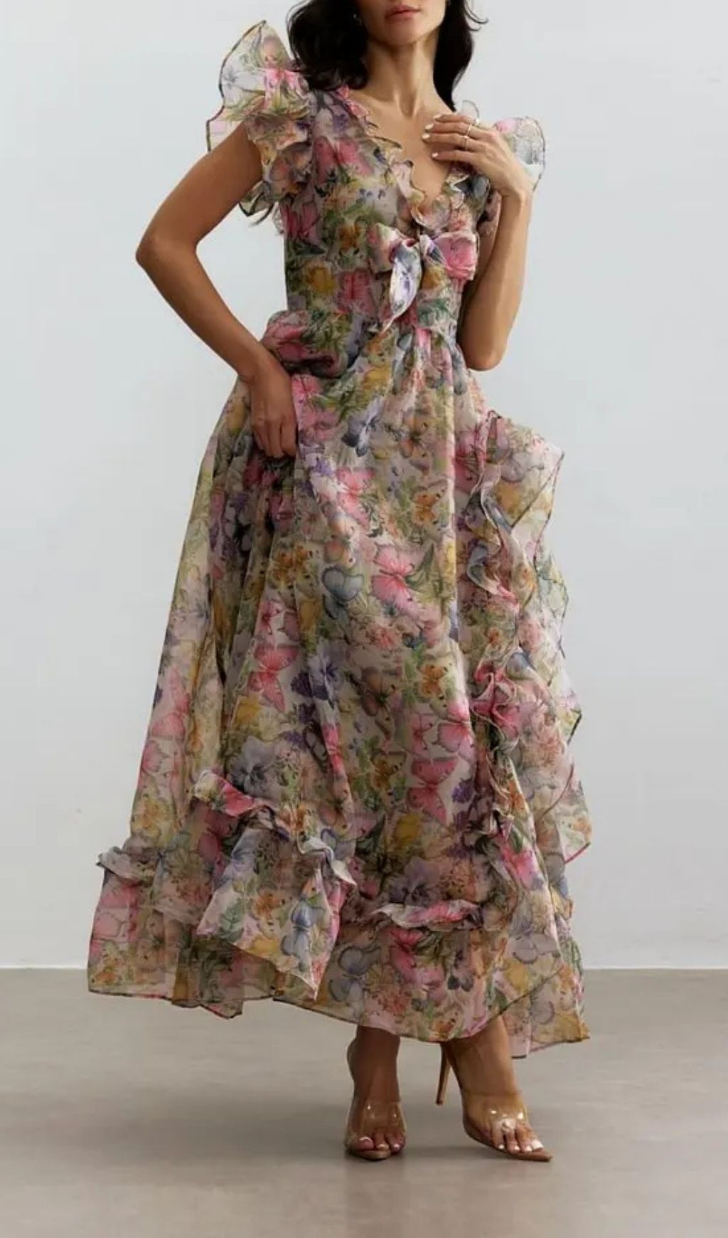 Butterfly Print Ruffle Chiffon Maxi Dress