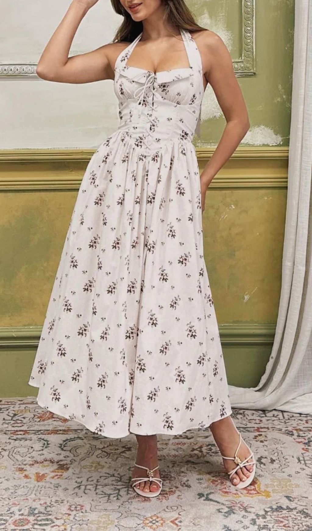 66b24399e5ff4aaba194500eb464c767 Zavethric Halterneck Lace Up Floral Midi Dress