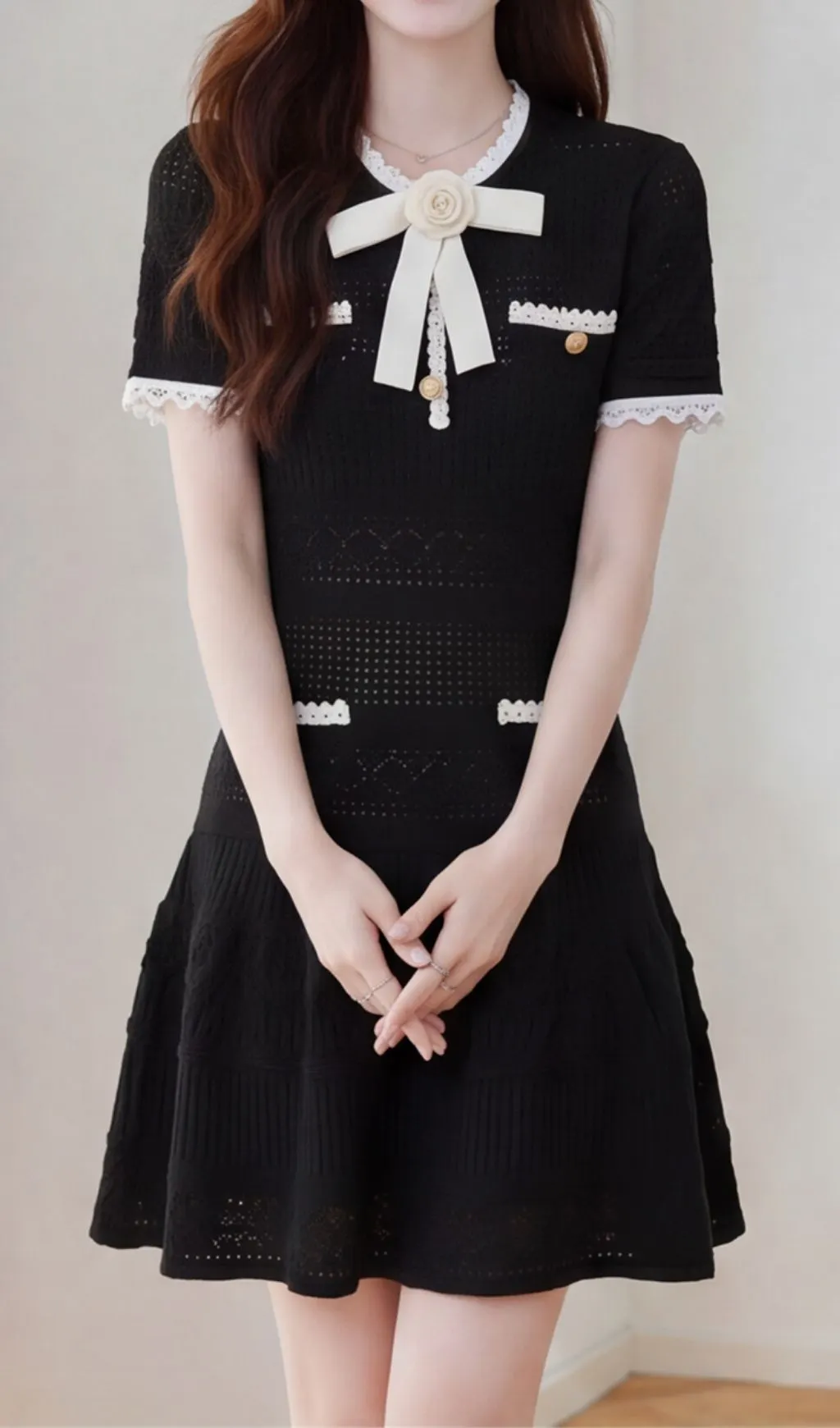 Fashionslee Women Madelene Black Flower Bow Knit Mini Dress