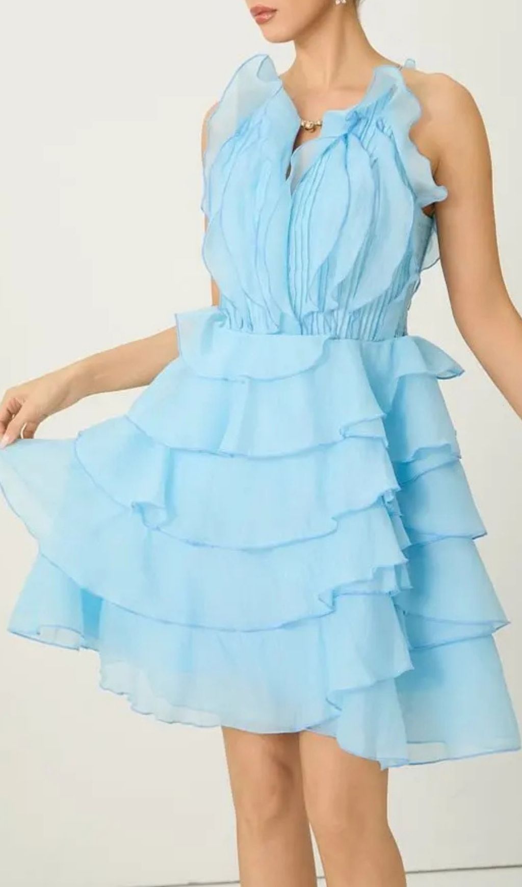 Juliet Blue Pleated Bodice Tiered Ruffle Mini Dress