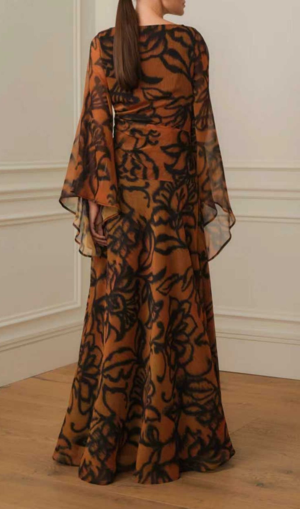 671ca04247e786c15cd8ec58202530b9.jpg Fashionslee Women Brown Long Printed Dress With Wide Sleeves