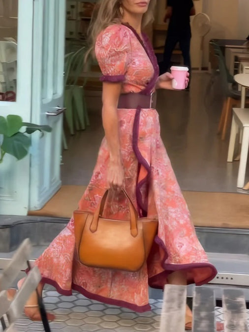 671d992e3bf409148d2175b8d726a043 Elegant Pink Floral Print Short Sleeve Maxi Dress
