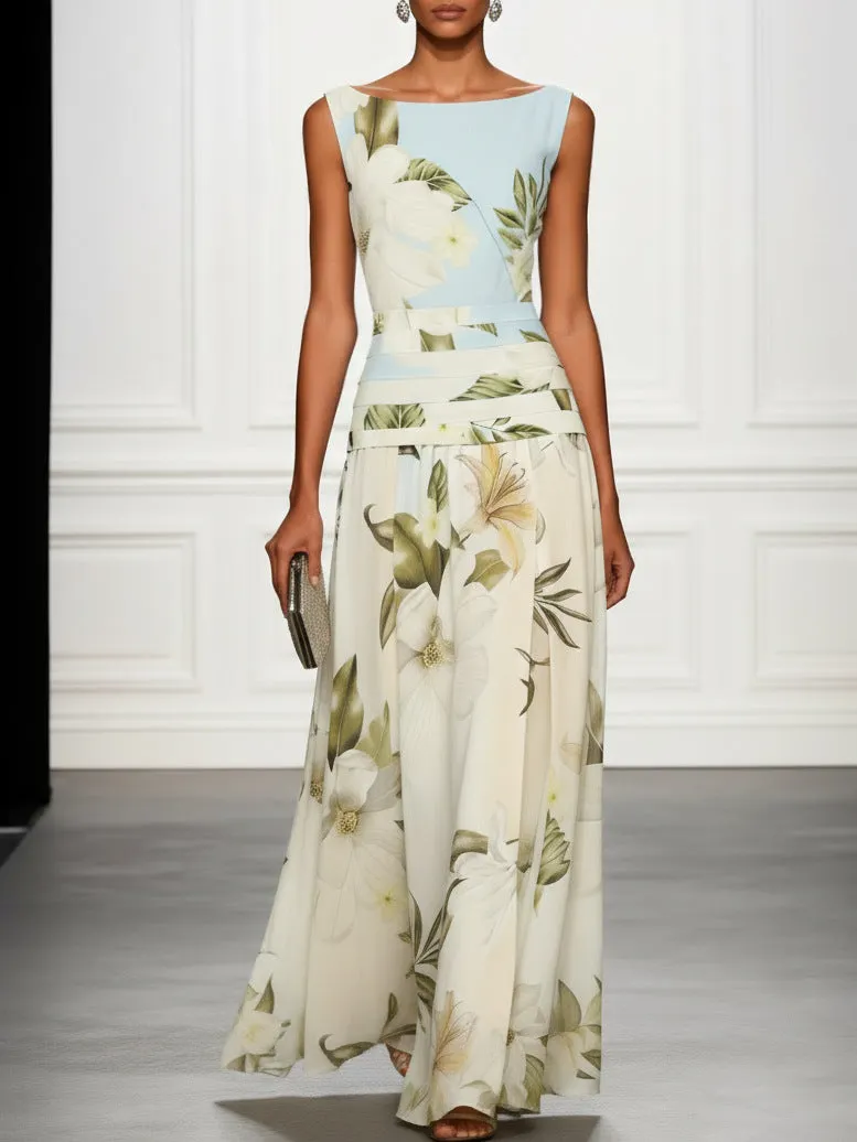 Floral Print Ruched Sleeveless A-Line Maxi Dress