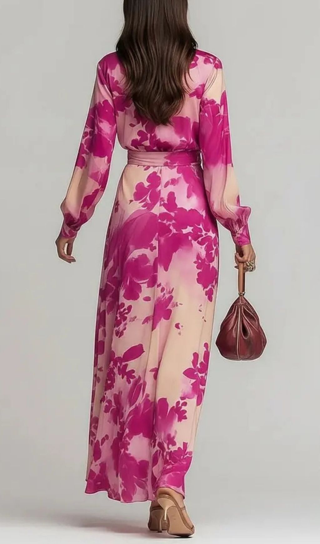 Fashionslee Women Rose Red Floral V-neck Belted Maxi Dress