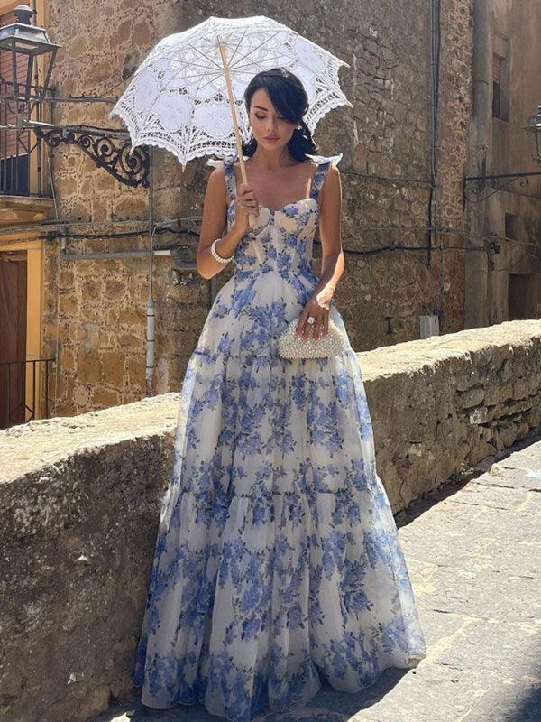 Organza Floral Print Tie Strap Maxi Dress - OWNCI