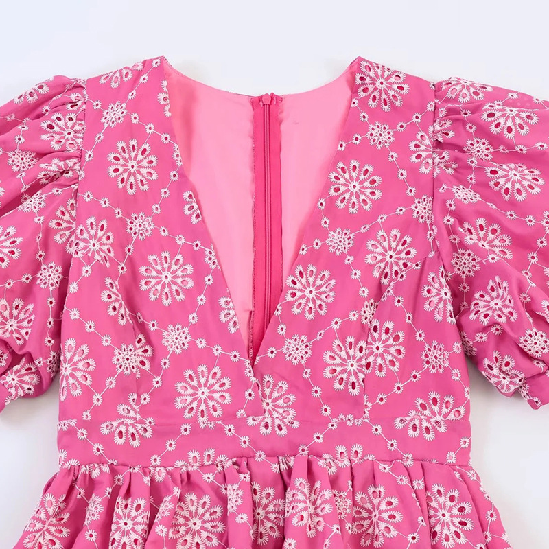 Fashionslee Women Magnolia Pink V-Neck Puff-Sleeve Midi Dress