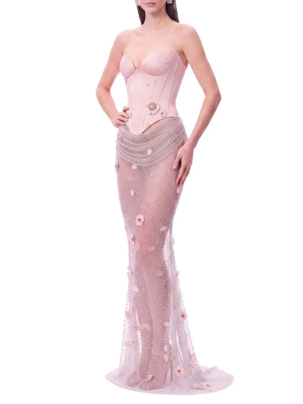 Fashionslee Women Belvire Strapless Flower Rhinestone Maxi Dress