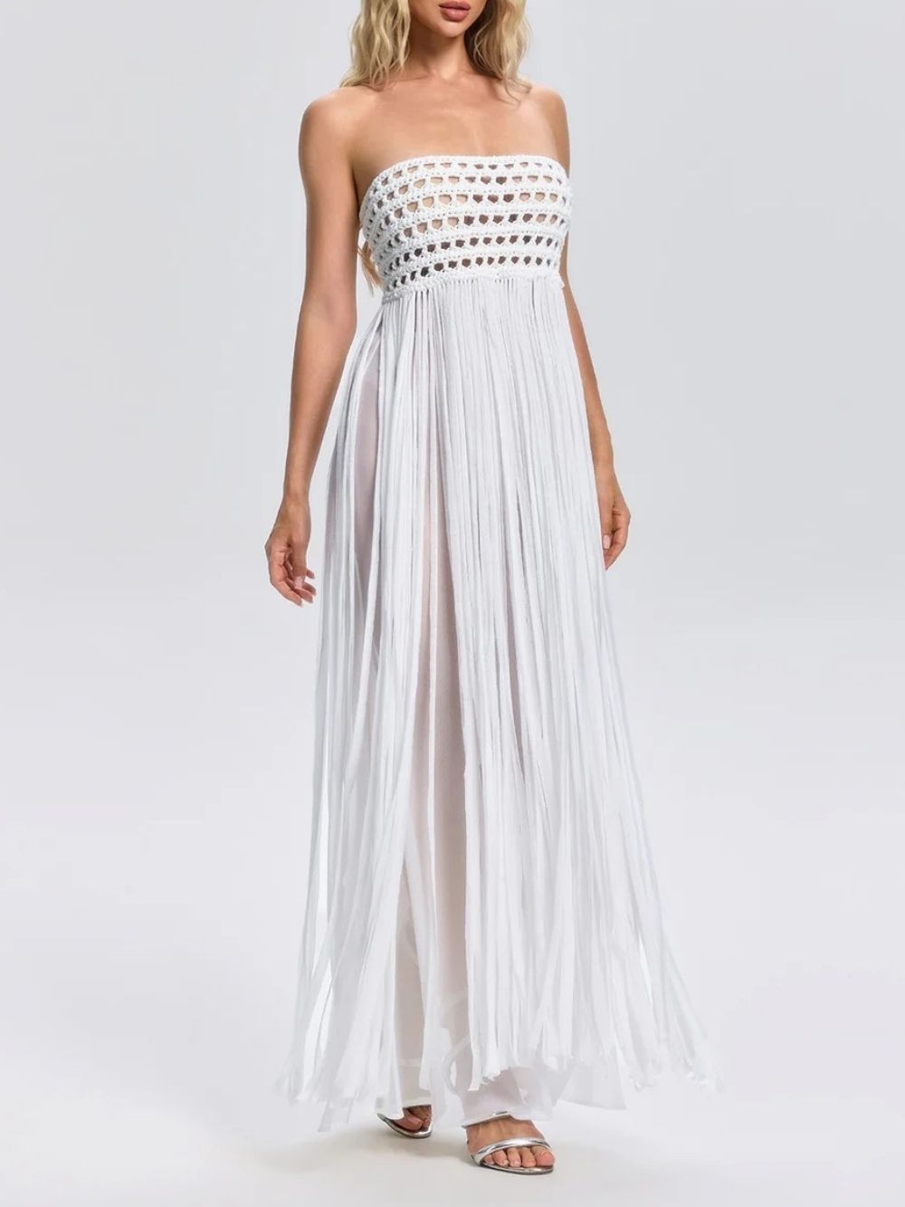 67d7fa168607562667e284a434ed7976 Faysal Strapless Crochet Fringe Maxi Dress