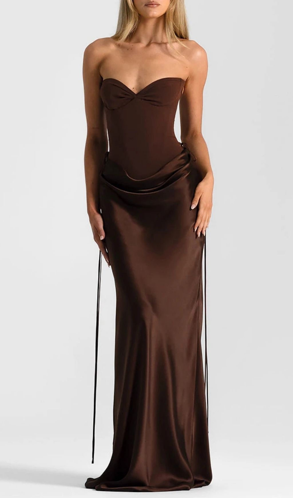 Beatrix Strapless Corset Satin Maxi Dress - Brown