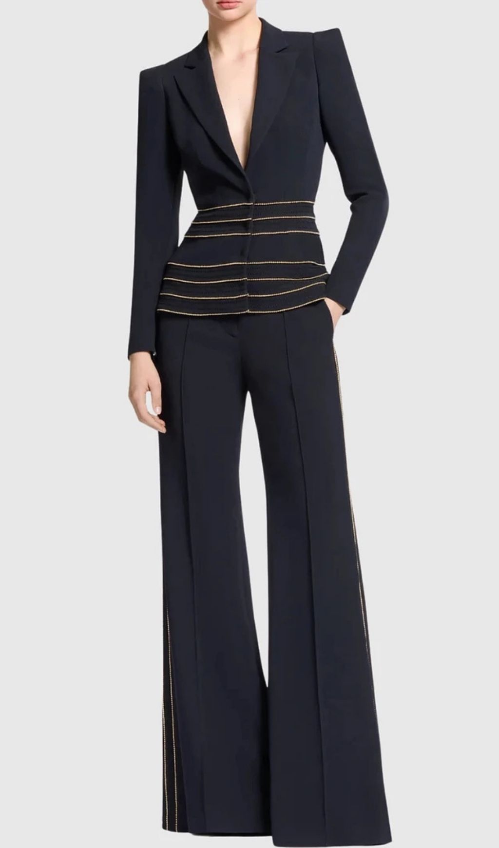 Sandy Trim Embellished Blazer & Pants Set - Black