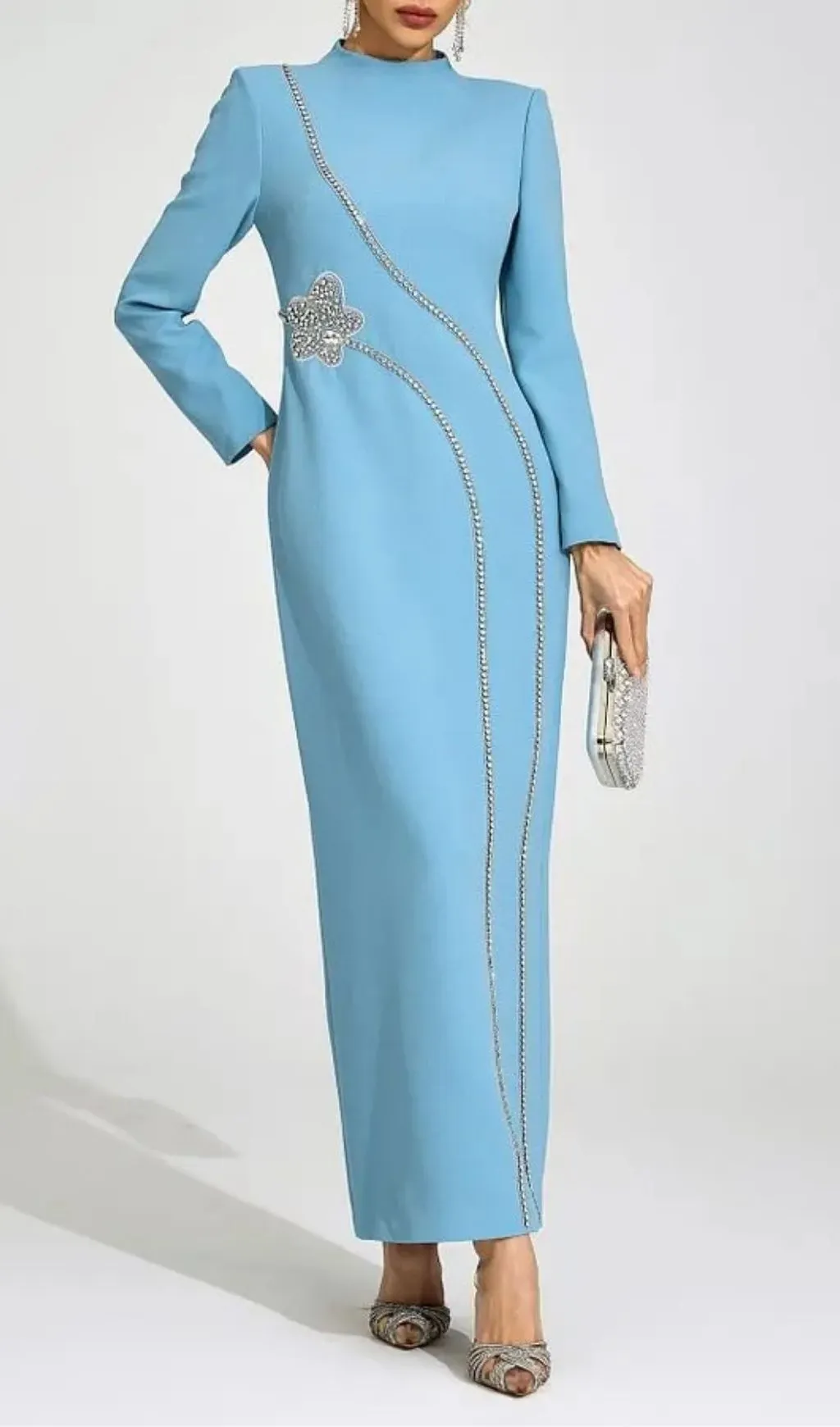 Nicola Diamond Embellished Long Sleeve Maxi Dress - Blue