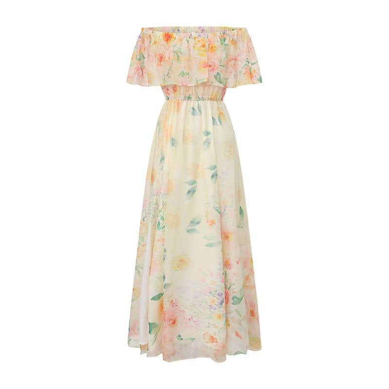 Off-Shoulder Print Slit Chiffon Maxi Dress - Pale Yellow