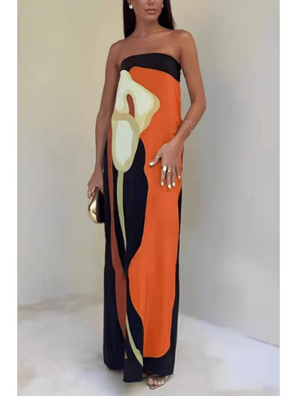Strapless Color Block Printed Maxi Party Dress - OWNCI