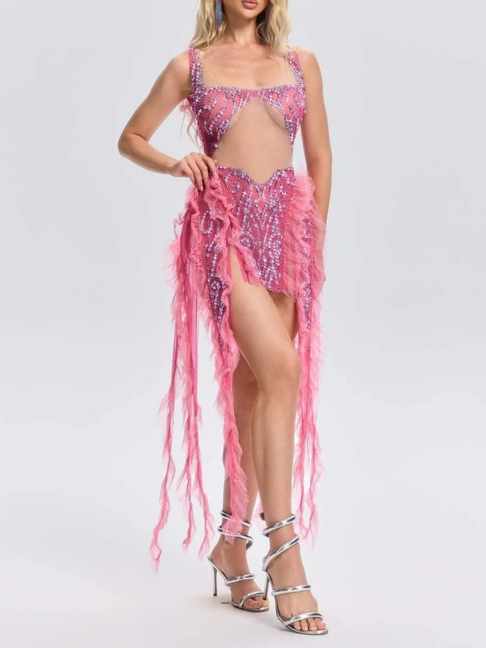 68737988904ca2942423a56f450eb787 Ulrican Crystal Ruffle Mesh Mini Dress