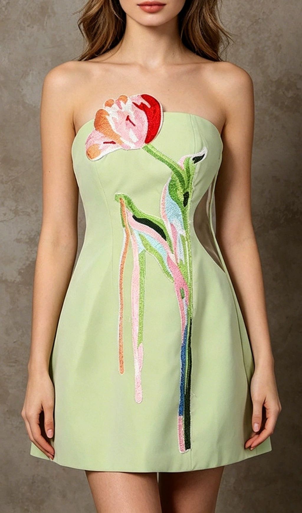 Fashionslee Women Leona Green Strapless Flower Embroidery Mini Dress