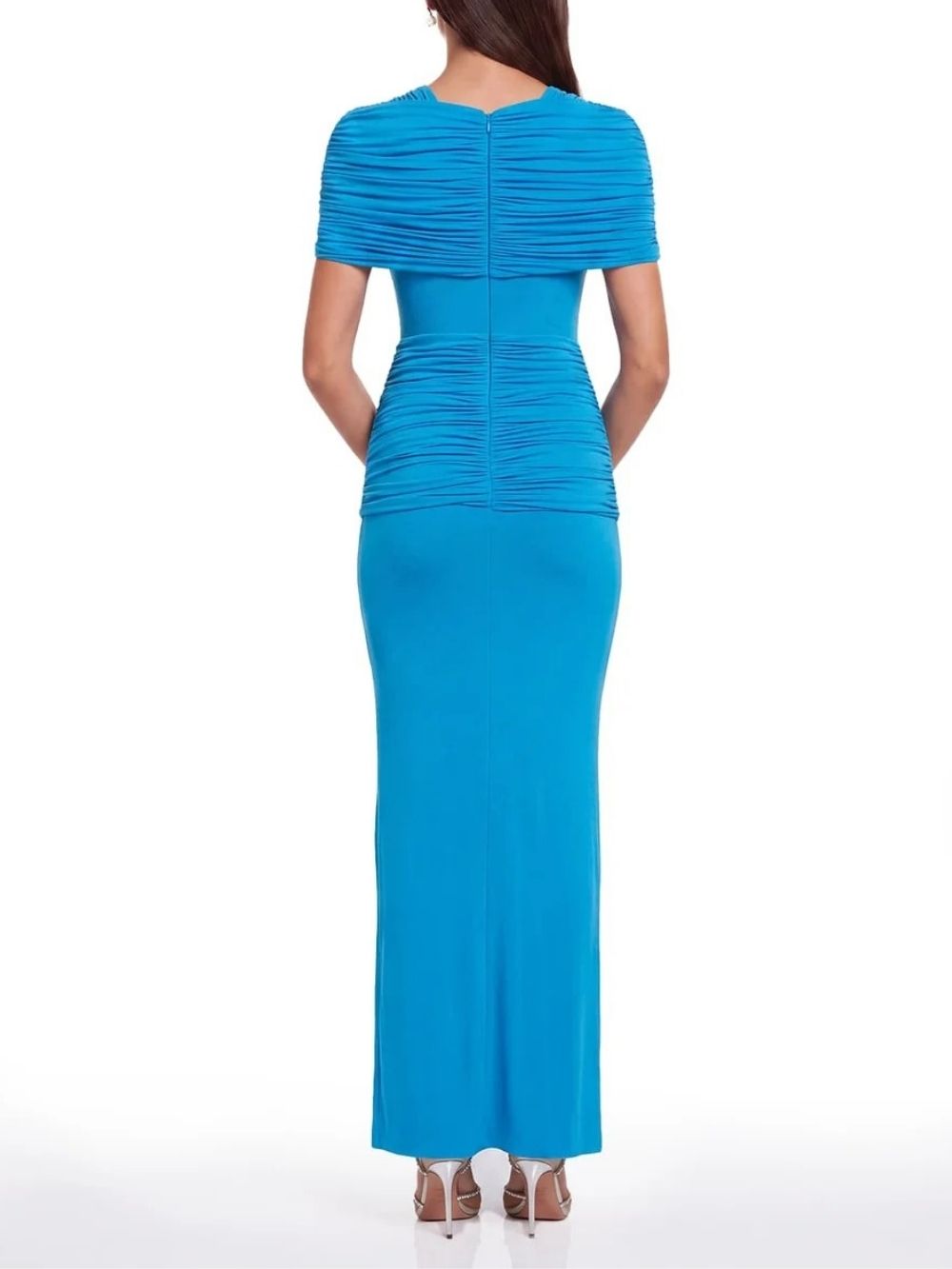 Quvion Shoulder Pad Ruched Maxi Dress In Blue - OWNCI