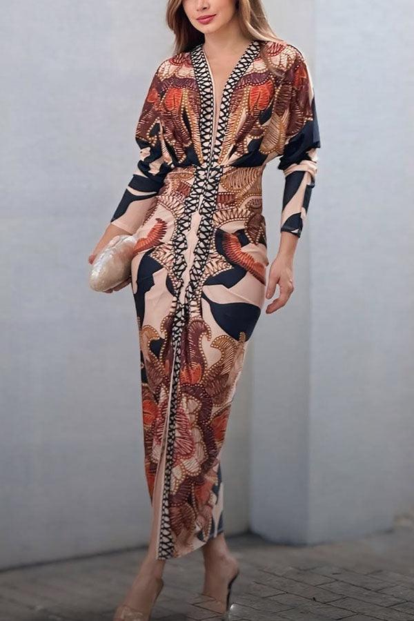Unique Print Dolman Long Sleeve Ruched Slit Midi Dress - OWNCI Unique Print Dolman Long Sleeve Ruched Slit Midi Dress - OWNCI