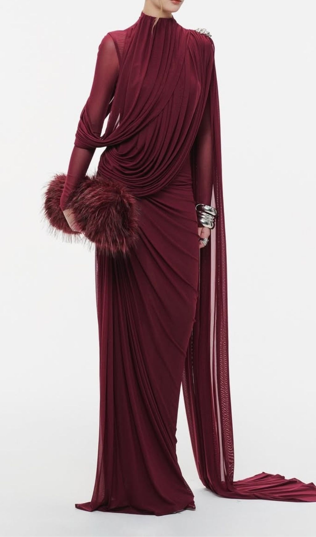 Lavan Wine Ruched Maxi Dress for Evening - red, textured maxi dress by OWNCI