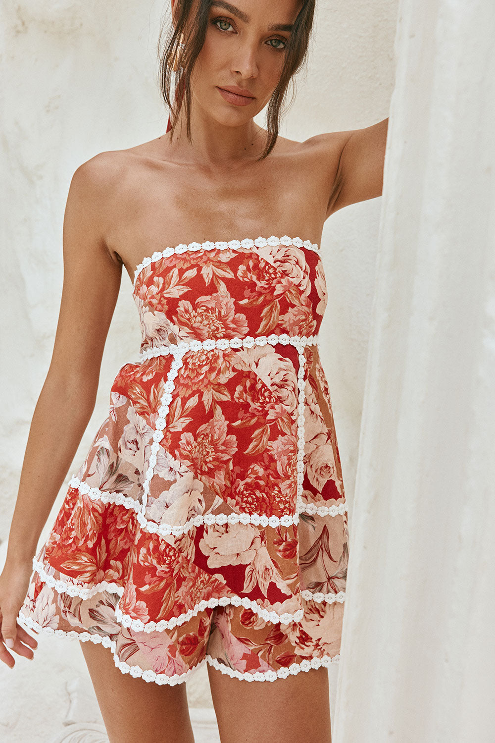 Linen Lace-Trim Print Strapless Top Shorts Set - Red