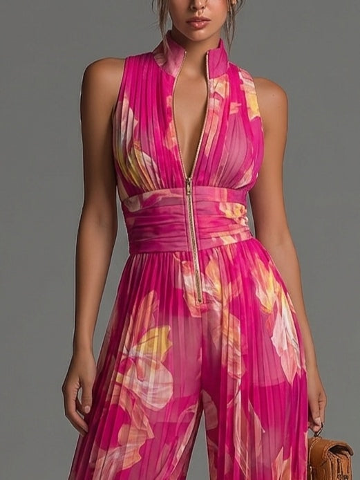 691366dd8d6543cb639cce0c1c12928f Fuchsia Floral Print Sleeveless Zippered Pleated Wide-leg Chiffon Jumpsuit