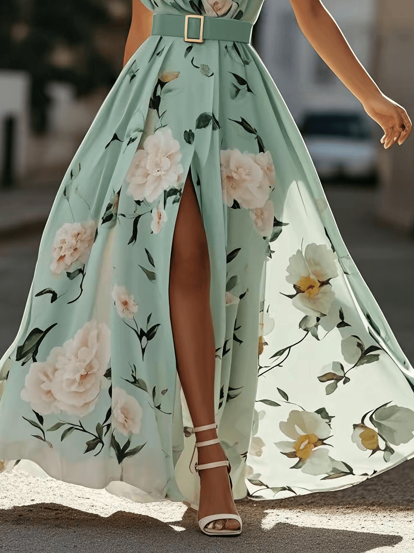 6930395bb60d7b1491f77f9aa5cc8bfe Light Green Floral Ruched One Shoulder A-Line Maxi Chiffon Dress