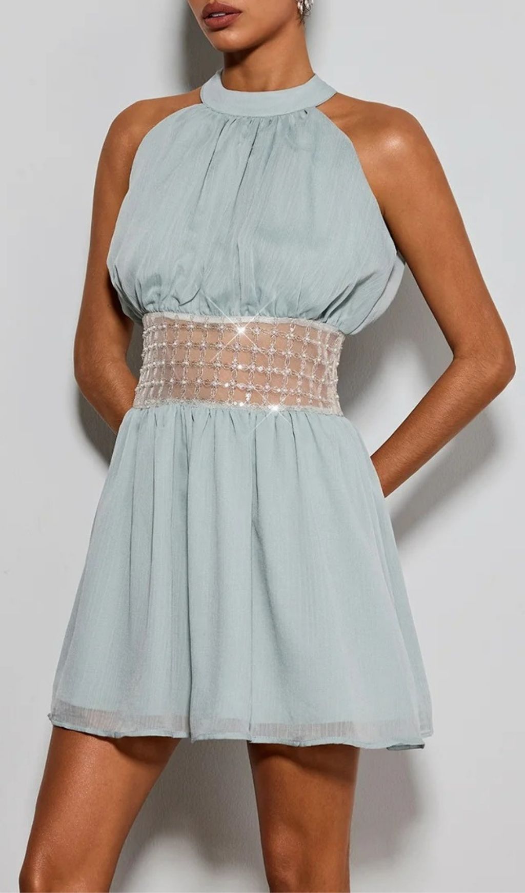 6955479541c2143d8b6366c9e628ac7d Devri Halterneck Sequin Pearl Mini Dress