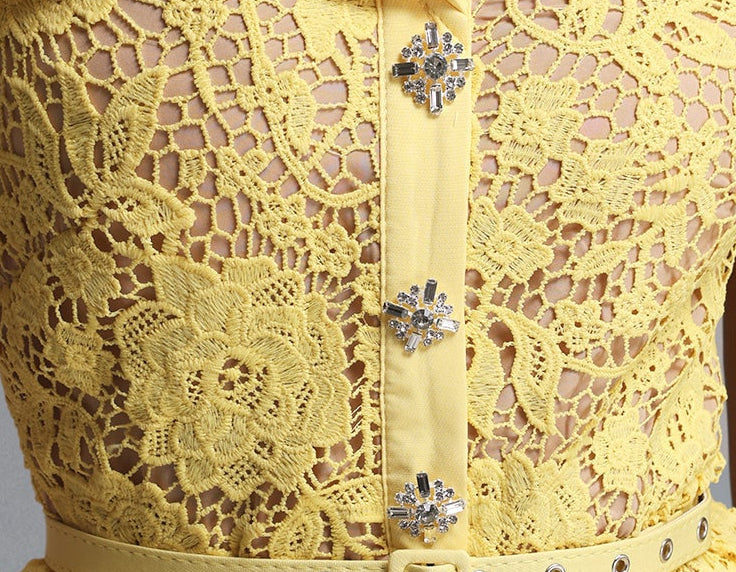 Lemon Yellow Floral Lace Peplum Midi Dress with Lapel Collar & Crystal Buttons