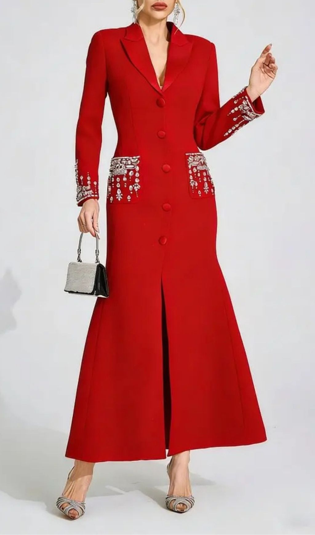 Simona Red Diamond Embellished Maxi Dress