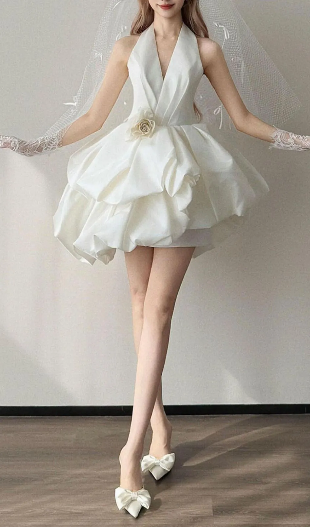 Fashionslee Women Levana White Halter Flower Mini Wedding Dress