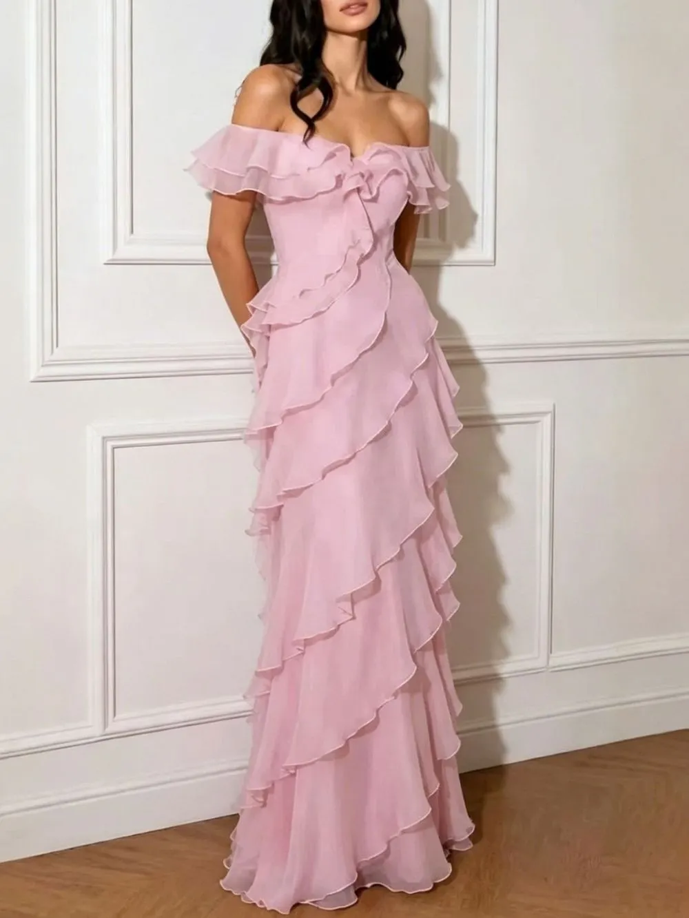 Off Shoulder Ruffled Layer Chiffon Maxi Evening Dress