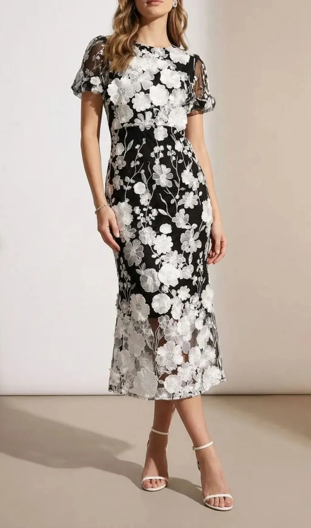 Black & White Floral Lace Midi Dress With Puff Sleeves