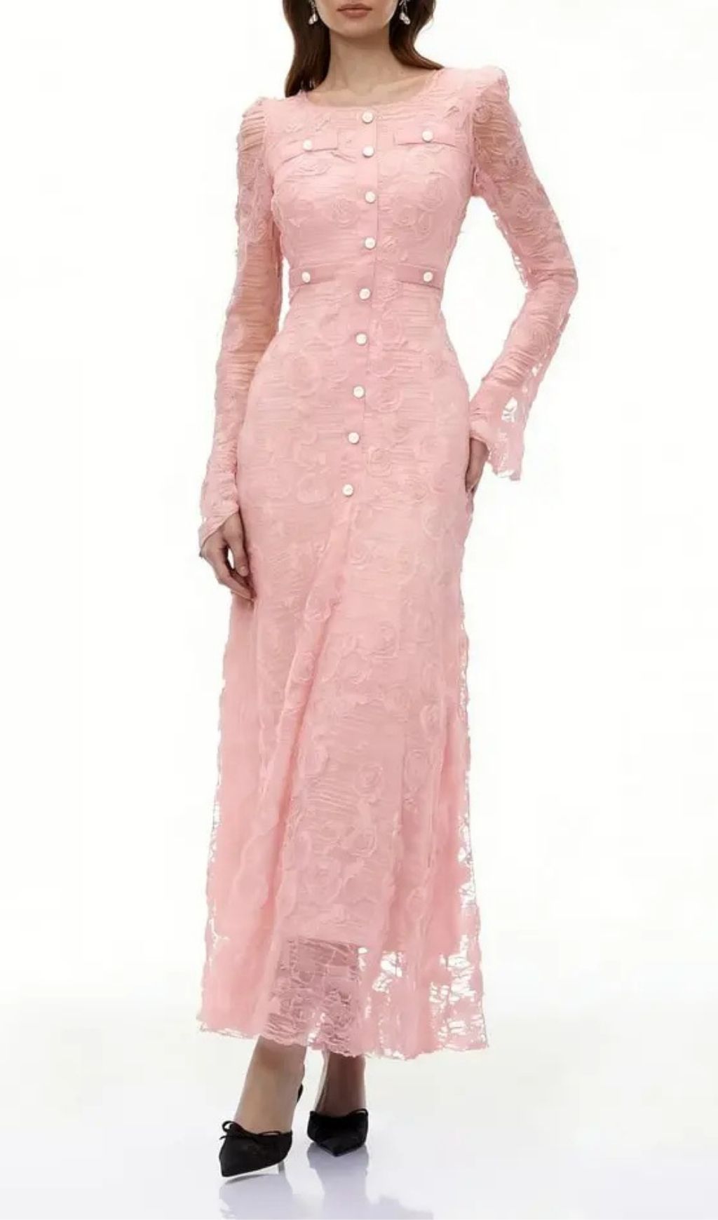 Tracy Pink 3D-Floral Embroidered Lace Maxi Dress