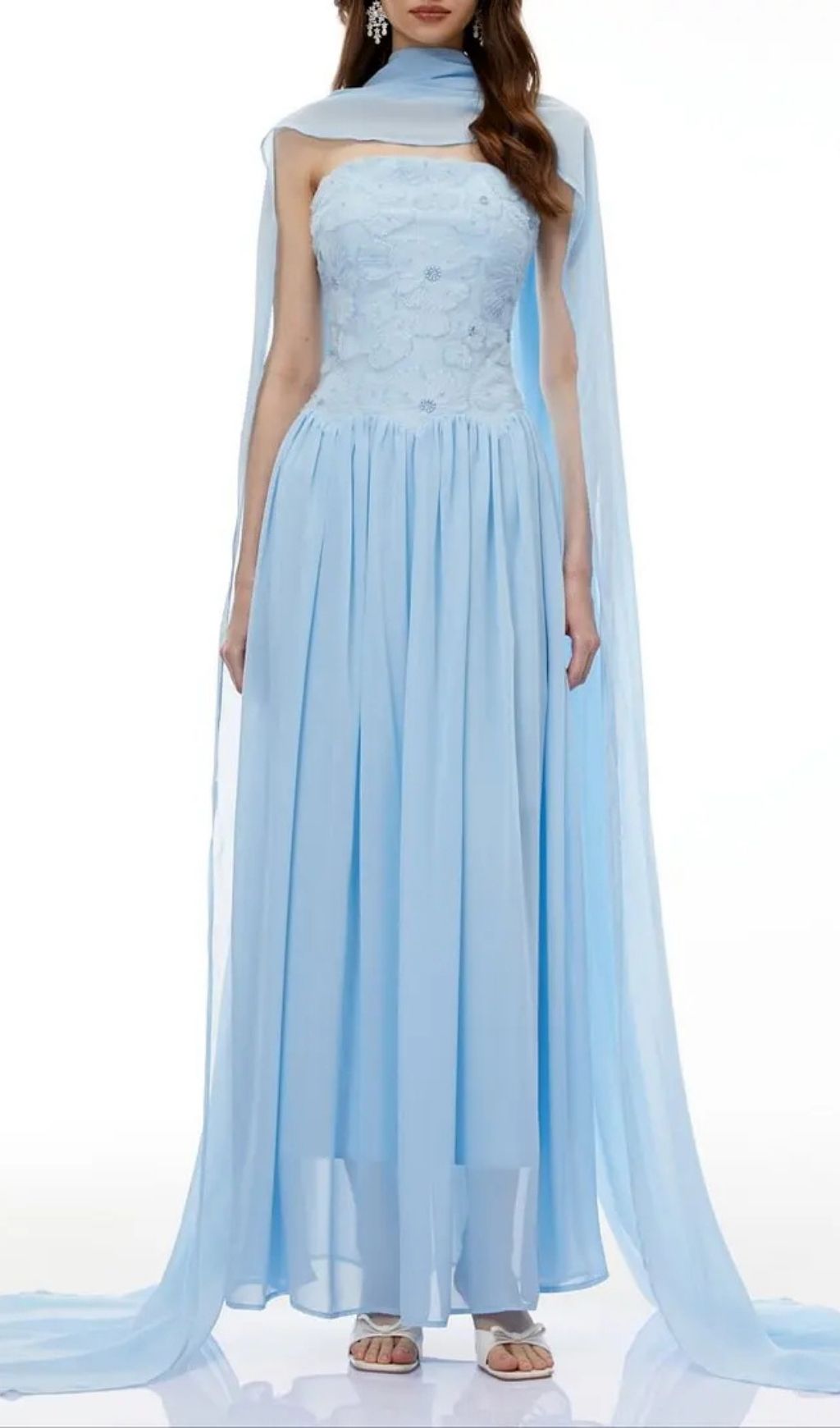 Rebecca Blue Floral Embroidered Pleated Maxi Dress