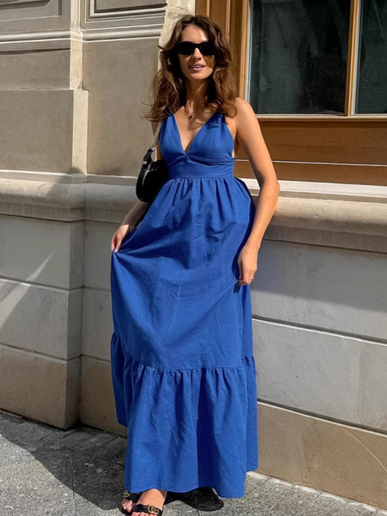 Blue V-Neck Camisole Linen A-Line Maxi Dress
