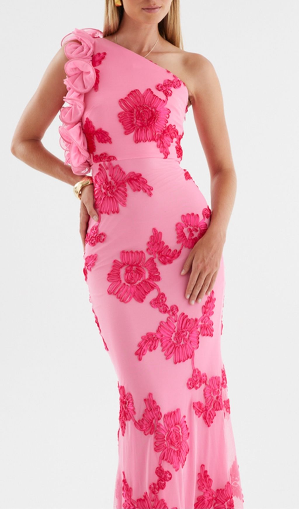 6a4fd7e982bb5765cc8b2ca83fa2d39e Novia One-Shoulder 3d Flower Embroidery Bodycon Maxi Dress - Pink